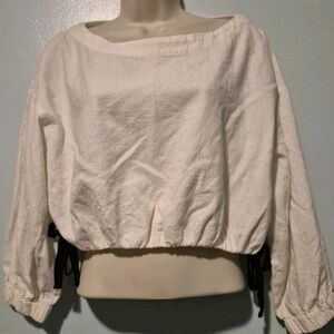 NWT ZARA Linen Cotton Crop Top Long Sleeve Cream Black Ties Size Small